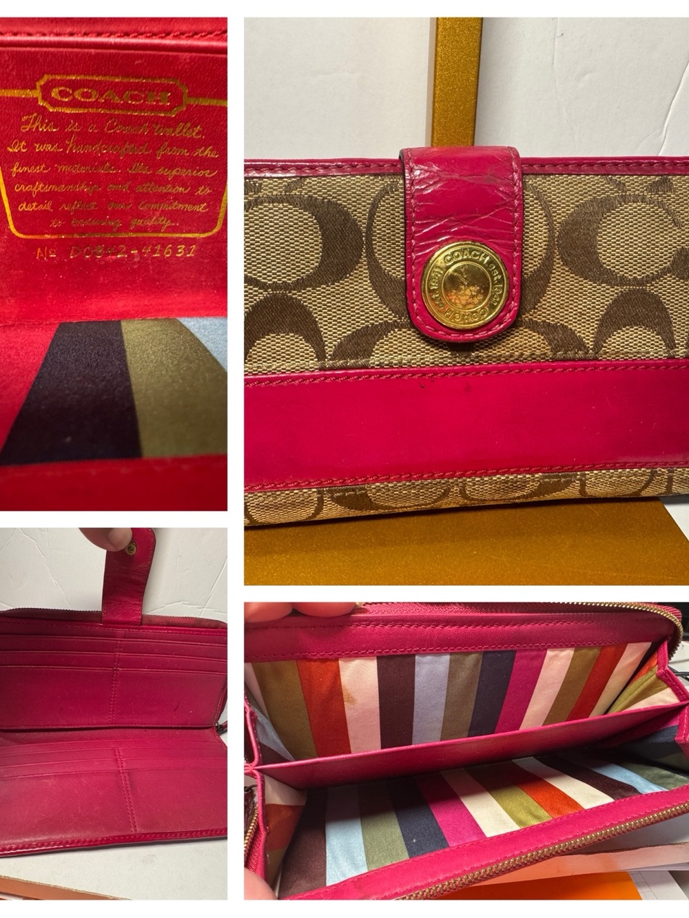 Coach Brown Signature Canvas Wallet with Bright Pink Trim Legacy stripe